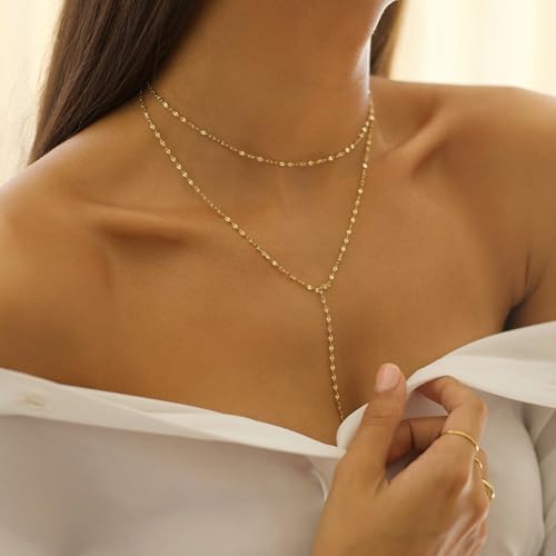 lariat gold necklace for women dainty long 14k gold plated y-shaped body chain choker necklace trendy non tarnish pendant simple layered necklaces gold jewelry for women set gift