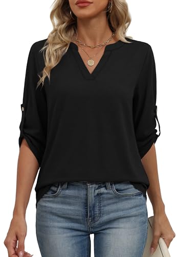 Image of XIEERDUO 3 /4 Length Sleeve Womens Tops V Neck T Shirts Both Side Buttons Blouses Business Casual Outfits Loose Fit