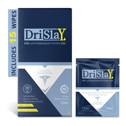 DriSlay Antiperspirant Wipes Body Deodorant, Travel Size Wipes for Excessive Sweating & Hyperhidrosis, Average 48 Hours Protection, Pack of 15