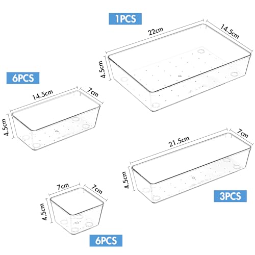 Quirlig 16 Piezas Organizadores de Cajones de Plástico Transparente, Separadores de Cajones de Escritorio de 4 Tamaños, Bandejas de Almacenaje para Maquillaje, Baño, Oficina - imagen 5
