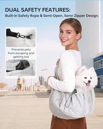 Puppy Sling Carrier for Small Dog-Widened and Thickened Shoulder Strap with Storage Pocket, Adjustable Hands-Free Small Dog Carrier Sling for Outdoor,Cat&Dog Sling Carrier 7-15 lbs. (Light Grey) — view 3