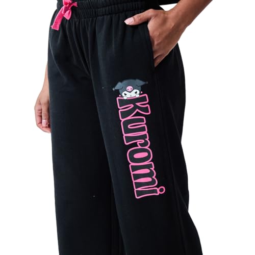 Bioworld Kuromi Pink Skulls Women's Black Straight Leg Tie-Front Sweatpant Jogger2