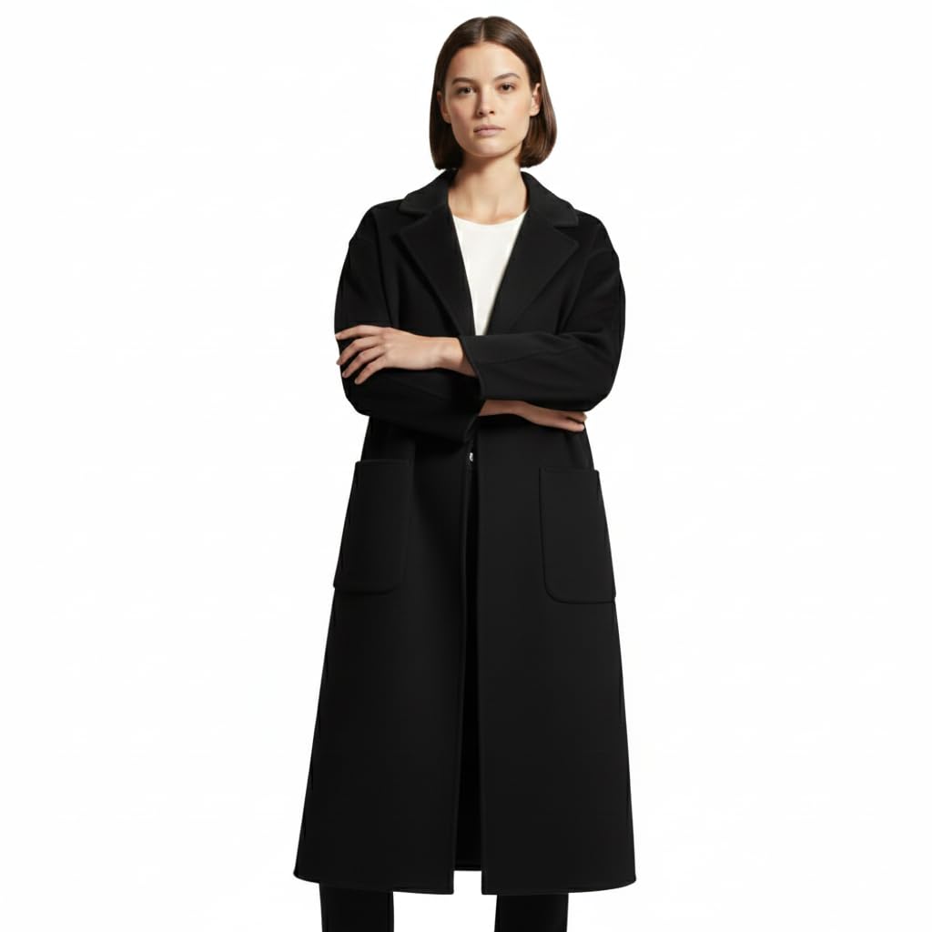 Women's Long Wool Blend Winter Black Overcoat Shoulder 20.5" Bust 42" Length 40.5" XL-picture-14