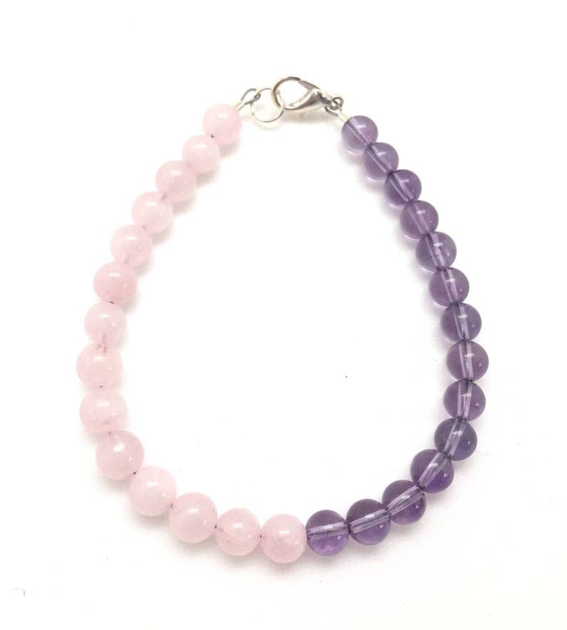 Bracelet pierres naturelles améthyste quartz rose 6mm chaîne argent 925