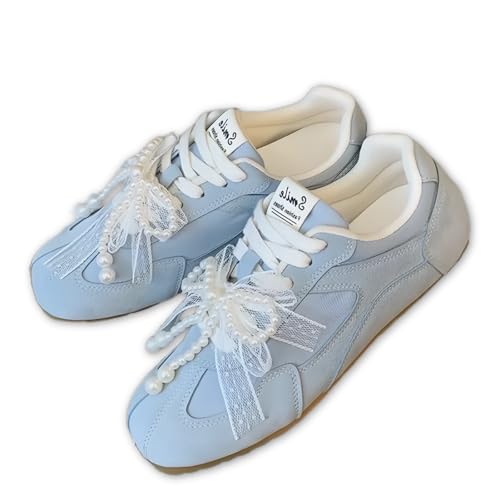 Women Cute Sneakers, Lace Bow Pearl Charm Ballet Aesthetic Retro Trainers Students Girls Comfy Casual Shoes Lace-Up Platform