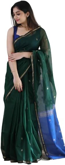 Women's Green Kanjivaram Silk Saree with Golden Zari Woven Border & Pallu, Traditional South Indian Wedding Party- Wear Saree with Unstitched Blouse Piece for Festive Occasions
