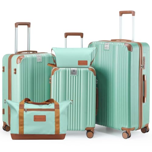 Image of Luggage Set 3 Piece Luggage with PC+ABS Hardshell TSA Lock Spinner Wheels Carry on Lightweight Suitcase Cup Holder,YKK Zippers and Hoot(Green, 5 piece sets(20 /24 /28 /DB /TB))