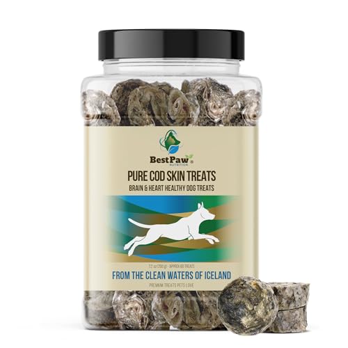 Best Paw Nutrition Wild Caught Fish Treats Icelandic Pure Cod Skins Reward Protein Snacks Rich in EPA & DHA K9 Brain Heart Skin & Coat Health