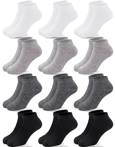 Duufin 12 Pairs Toddler Athletic Ankle Socks Kids Athletic Socks Low Cut Socks Half Cushion Toddler Socks, Black,white,gray,dark Gray, 8-10 Years