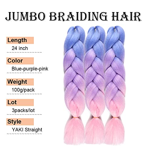 Wome Ombre Jumbo Braiding Hair Extension Ombre Pink Braids Syntehic Box Braids Crocher Hair Jumbo Braids Hair For Twist Braids 24Inch Braiding Hair (Ligh Blue-Purple-Pink) #TOP2