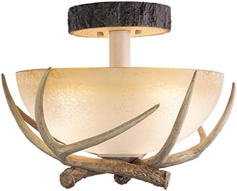 VAXCEL Lodge 16-in W Cream Rustic Antler Bowl Semi Flush Mount Ceiling Light Cream Glass