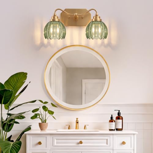 Image of Vintage Gold Vanity Lights, 2-Light Green Tulip, Antique Brass Finish | Brushed Gold Bathroom Light Fixtures, Crystal Wall Sconce Ideal for Bedroom, Living Room, E26 Compatible, Easy Install