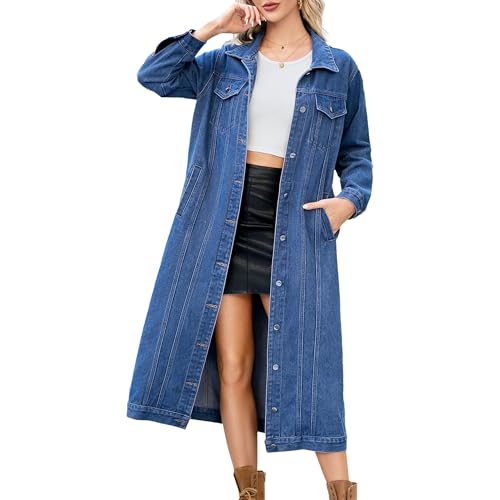 Women's Button Down Ripped Denim Jacket Distressed Hole Over Knee Midi Trench Coat Destroyed Long Jean Jacket