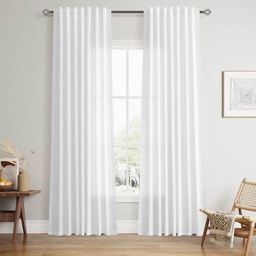 Nanspring Linen Curtains 84 Inch Long for Living Room White 2 Panels