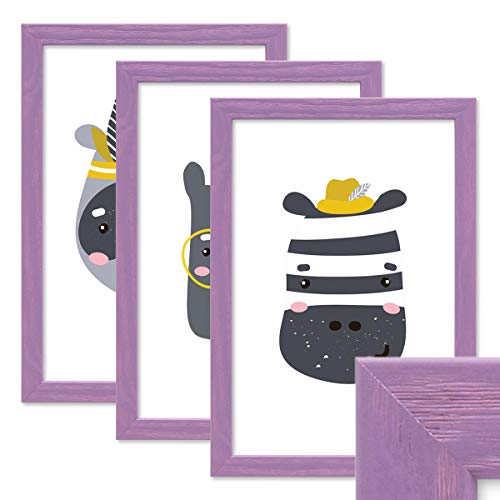 Photolini Juego de 3 Marcos Lilas 21x30 cm / A4, Madera Maciza con acrílico/Marco de Fotos Violeta/Marco Intercambiable Cover