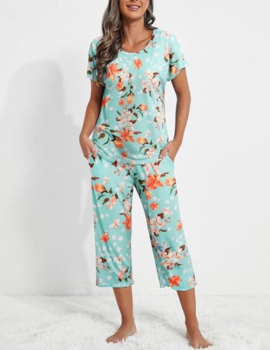 Image of Ekouaer 2 Pack Womens Pajamas Sets Short Sleeve Tops and Capri Pants Pjs Colorful Printed Sleepwear Sets
