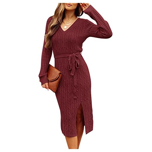 MEROKEETY Women's Long Sleeve V Neck Cable Knit Belted Bodycon Slit Sweater Dress for Party,Burgundy,M
