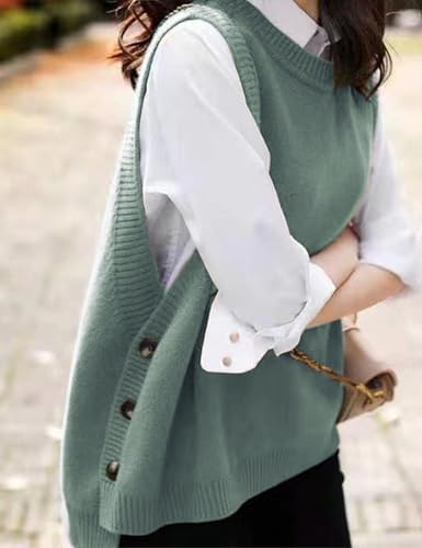 Wanzetaly Women's Sleeveless Sweater Vest Loose Round Neck Ribbed Knit 2025 Spring Trendy top(0619-Green-XL)2