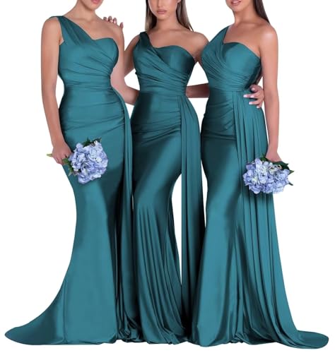 One Shoulder Bridesmaid Dresses Mermaid Satin Long Ruched Bodycon Formal Evening Dress for Women