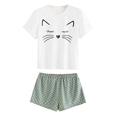 ShopINess Pijama de Verano Gato (Blanco-Verde, S) Cover