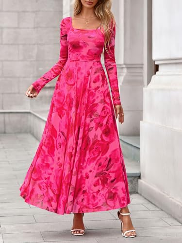 BTFBM Women Maxi Dress Fall 2025 Fashion Elegant Long Sleeve Square Neck Floral Print Party Club Wedding Guest Dresses