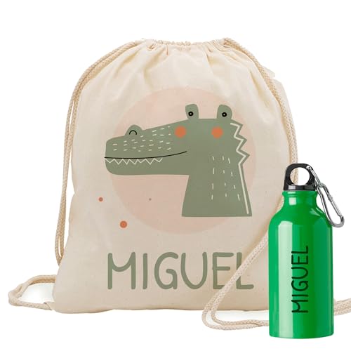 ENERGY FUSION Mochila tela con cuerdas infantil y botella. Personalizada con nombre. Mochila tela guarderia. (Croco)