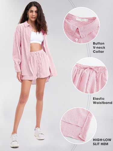 EXLURA Women's Summer 2 Piece Sets Long Sleeve Button Down Shirts Matching Short Sets Beach Vacation Cruise Outfits 20252