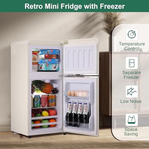 BINMIT Retro Mini Fridge with Freezer 4.0 Cu. Ft, Small Refrigerator with 7 Level Adjustable Thermostat, Compact Classic Dual Door Fridge Removable Glass Shelves for Apartments, Dorm, Office, Cream by BINMIT - Image 2