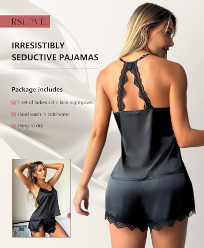 RSLOVE Women Pajama Set Sleepwear - Satin Pajamas Silk V Neck Cami and Shorts Pjs 2 Piece Womens Sexy Lace Lounge Nightwear4