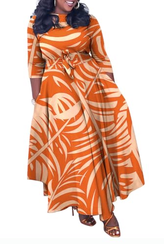 Image of Hostoyo Women Plus Size Formal A Line Maxi Dress Self Tie Waist with Pockets Elegant Round Neck Swing Long Dresses