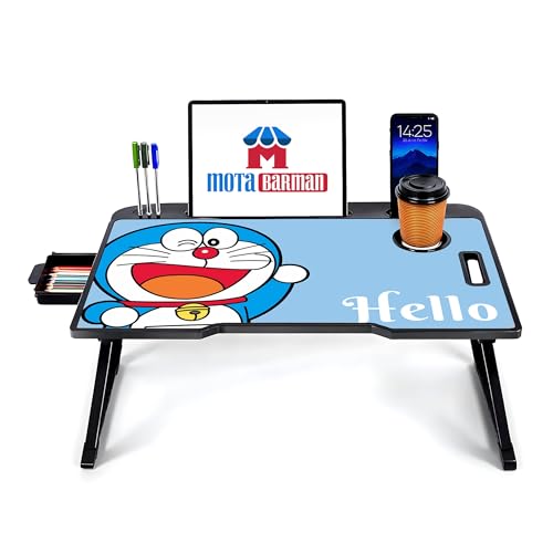 Image of Foldable Wooden Laptop Bed Tray Table, Multifunction Lap Tablet Desk with Cup Holder, for Eating Breakfast, Reading Book, Working, Watching Movie on Bed (Doremon)