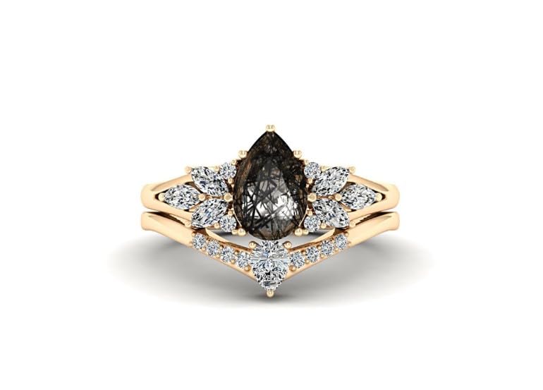 Vintage black Gold Stacking Ring with pear rutilated quartz– Classic Engagement Ring Set,anniversary ring set,art deco womens ring promise ring4
