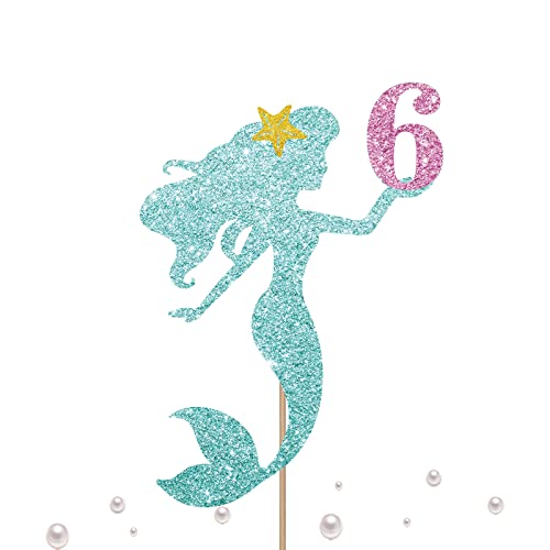 Mermaid 6 Cake Topper, Happy 6th Birthday Cake Decor for Baby Girl, Little Mermaid Birthday Party Decoration, Under the Sea Themed Party Supplies - Blue Glitter