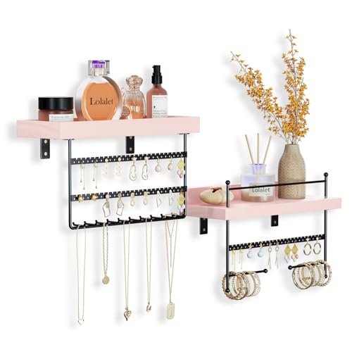 Lolalet Hanging Jewelry Organiser Wall Mount Organizer with Earrings Bracelets Necklaces Hooks, Easy Install Free Combination Jewelry Holder for Wall Bathroom - Set of 2, Pink