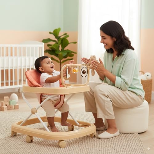 Image of Blushbaby 360 Baby Walker for 6-18 Months | 5-Height Adjustable Activity Walker with Cushioned Seat, Meal Tray & Toy Bar | Foldable & Lightweight Walker for Boys & Girls (Beige)