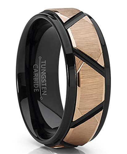 Metal Masters Co. Men's Tungsten Carbide Wedding Ring Black and Rose Goldtone Faceted Band 8mm