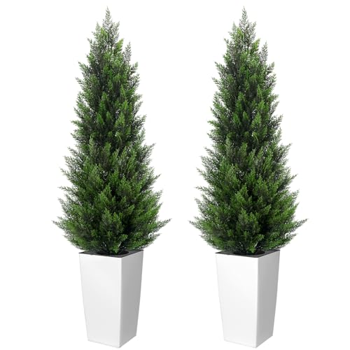 5FT Tall 2 Pack Artificial Cedar Topiary Trees with Compact Pyramidal Shape, Realistic Faux Cypress...