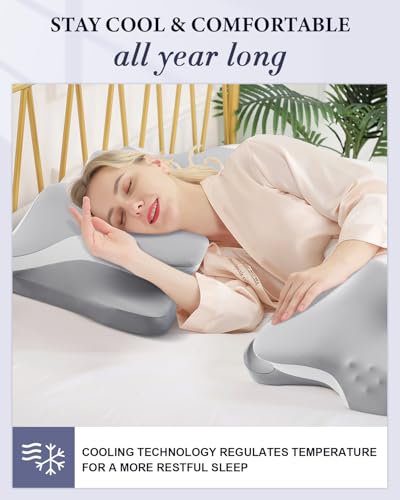 Cervical Neck Pillow for Pain Relief, Cooling Ergonomic Memory Foam Pillows for Sleeping with Luxury Breathable Pillowcase, Contour Orthopedic Neck Support Pillow for Side Back Stomach Sleepers-Grey