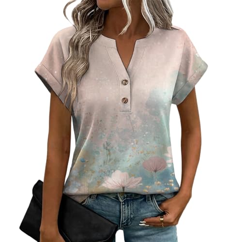 Floral Print Top for Women Split V Neck Buttoned Rolled Cuff Short Sleeve Soft Comfy Loose Blouse for Spring Beach Vacation,2XL - view 2
