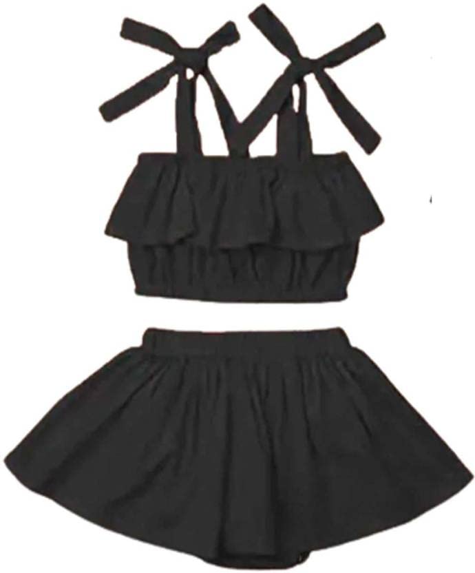 R LONTop & Skirt Kids Baby Girls Outfits Ruffle Off Shoulder Crop Tops + Bow-Knot Cotton Shorts Skirt Set Toddler Summer Clothes for Baby Girl Black