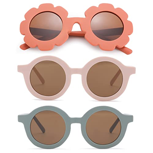 Cute flowers and round sunglasses for Kids Flexible Rubber Frame UV400 Protection for Toddler Girls Boys Age 2-10