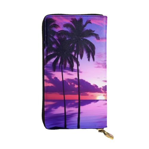 Portefeuille élégant en cuir zippé motif palmier violet coucher de soleil