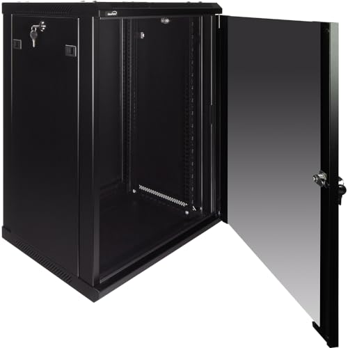 Image of NavePoint 15U Server Rack Enclosure - 17.7 inch Deep, Wall Mount Network Cabinet with Locking Glass Door for 19 inch IT Equipment, Network Rack with 2 Fans, Removable Side Panels, Black