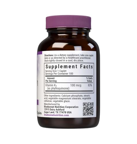 bluebonnet vitamin k1 100 mcg supports bone health - phylloquinone crystalline vitamin k supplement - non-gmo kosher certified gluten-free dairy-free - 100 vegan caplets