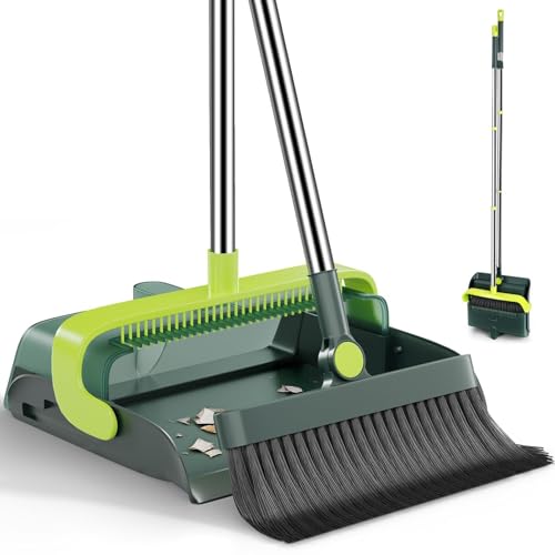 Broom and Dustpan Set – Stainless Steel Long-Handled Broom, Upright Broom with Self-Cleaning Hair Dustpan Teeth, Indoor & Outdoor Use, Suitable for Office, Kitchen & Bathroom
