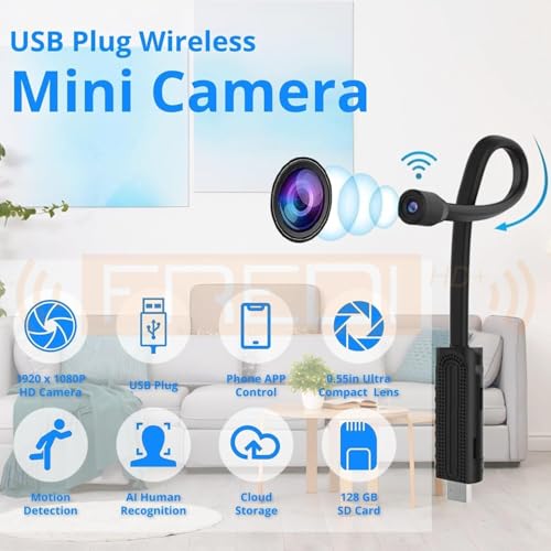 Image of FREDI HD PLUS WiFi Power Camera | 1080p Full HD | 32 GB Inbuilt or Support | 24x7 Plug-in Recording | Live View on Mobile & Laptop (WiFi MINI USB W11 Camera-Support 32 GB SD Card)