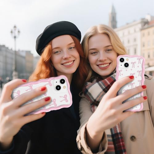 Coque iPhone 12 nœud rose en silicone transparent avec cadre ondulé antichoc
