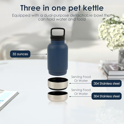 3 in 1 Trinkflasche Hunde für Unterwegs 900ml Isolierte Hundewasserflasche to go Edelstahl mit Wassernapf Futternapf BPA-Frei für Reisen Spaziergänge Outdoor-Aktivitäten