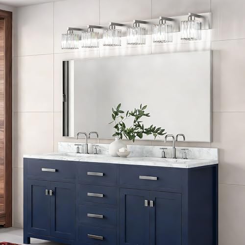 Image of Aipsun Brushed Nickel Bathroom Light Fixtures 6 Light Vanity Lighting Fixture Crystal Modern Bathroom Vanity Light (Exclude Bulb)
