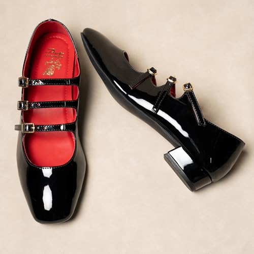 Image of Theater Kelly Jr Women Mary Jane Flats | Triple Buckle Strap Square Toe Shoes | Comfortable & Stylish for Formal and Casual Fashion